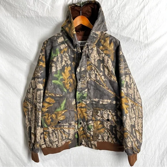 Vintage Jerzees Outdoors Jacket Men L Big Wood Camo Hooded Bomber Quilt Lined